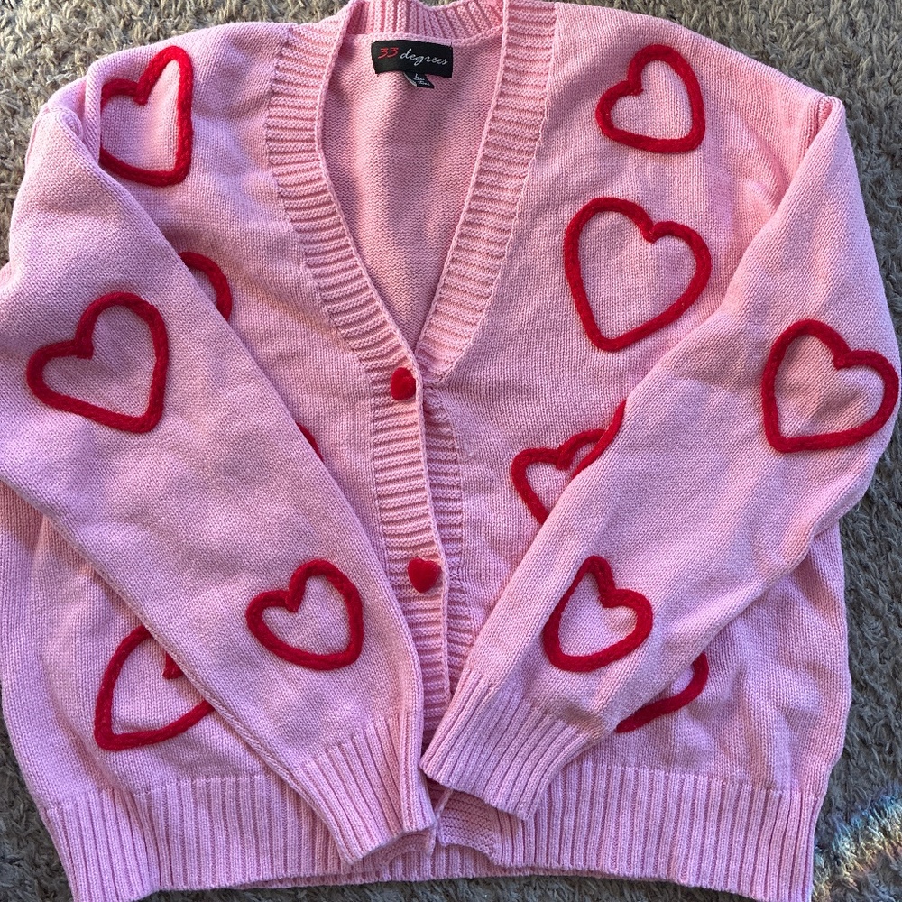 Women’s pink and red heart cardigan, size large